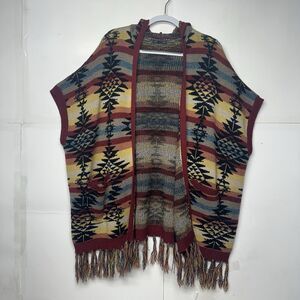 American Eagle Women’s Medium Aztec Tribal Sweater Vest Fringe Open Front